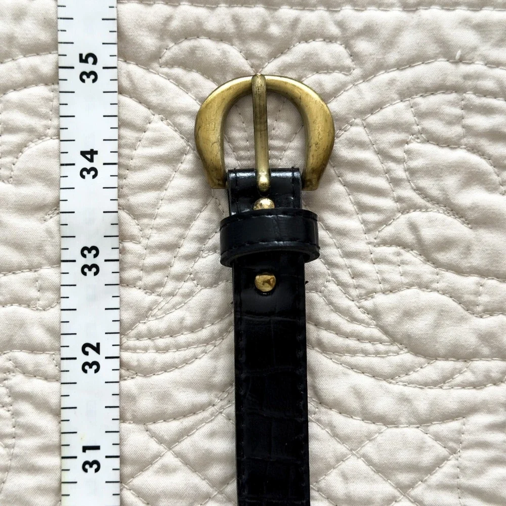 90s Black Croc Embossed Skinny Belt Brass Buckle Glossy Equestrian Minimalist OS